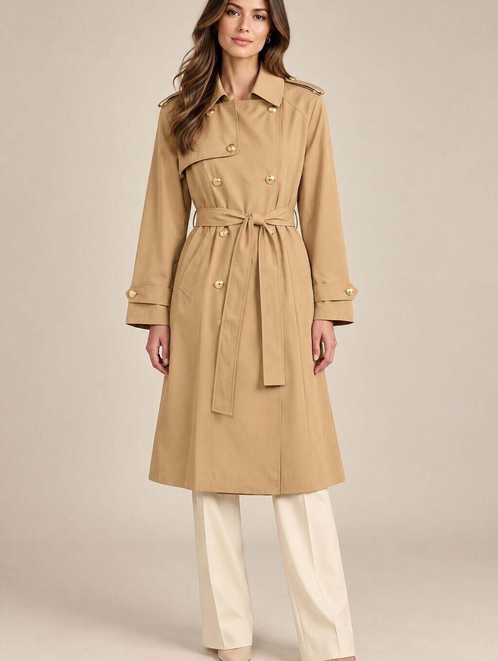 BCBG Women's Double-Breasted Trench Coat S Camel Tan Gold Buttons Belted Classic